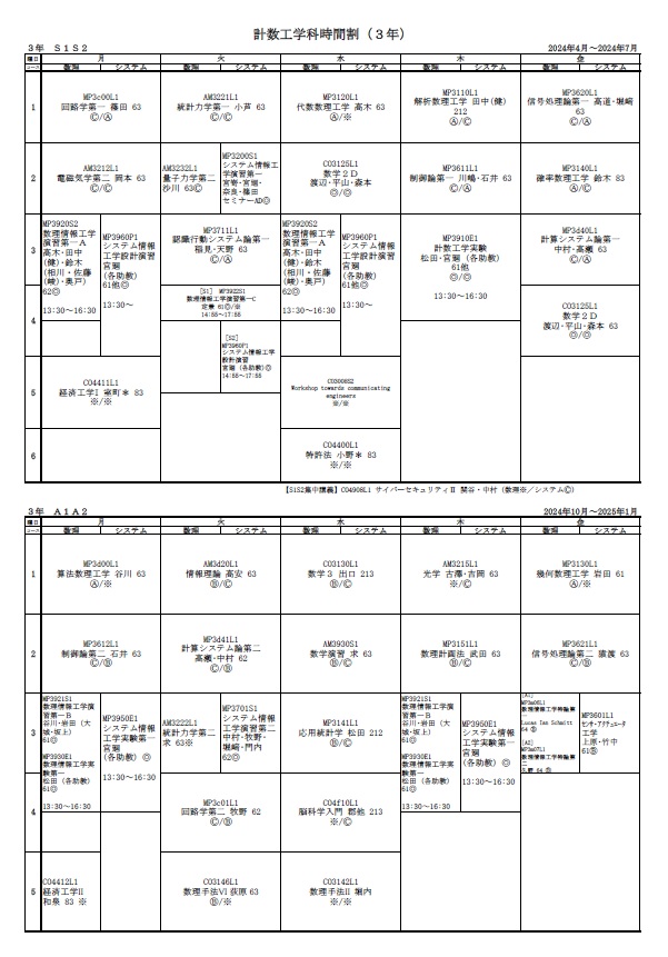 計数工学科3年生時間割2024年Sセメスター&Aセメスター